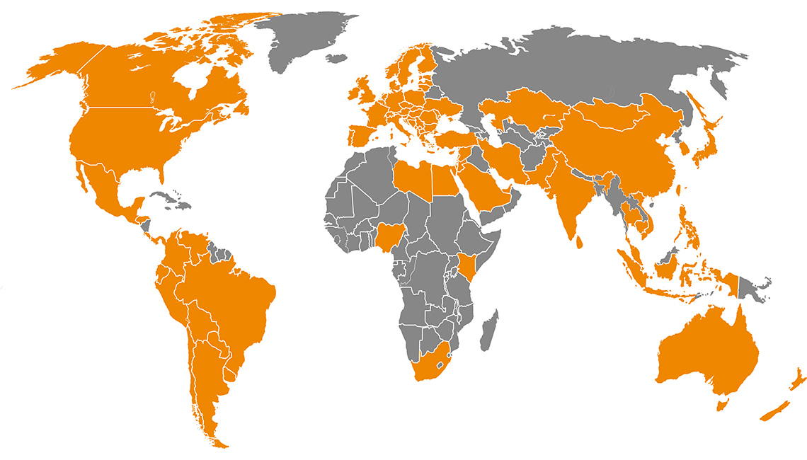World map illustrating international commercial markets